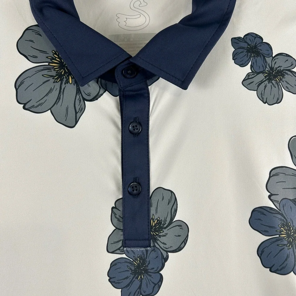 Swannies Golf Polo Shirt Mens XL White Navy Blue Floral Performance Short Sleeve